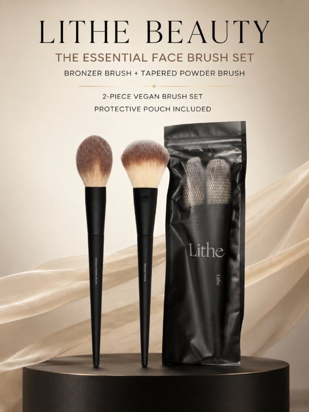 Lithe Beauty Essential Face Brush Set Bronzer Tapered Powder 2pc